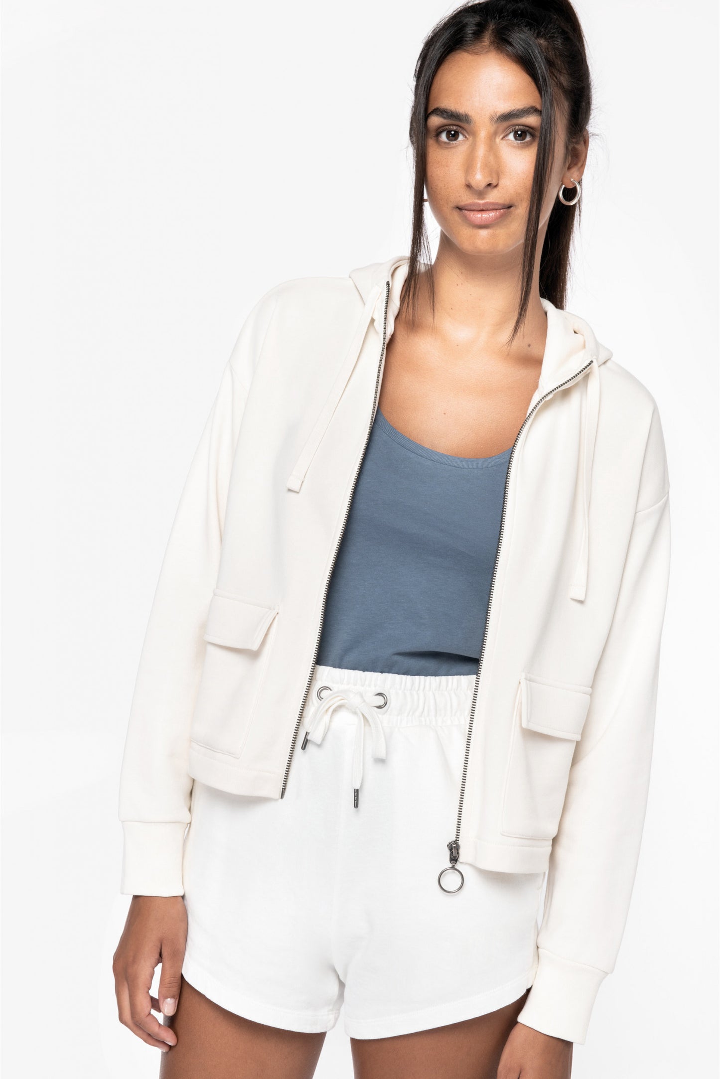 SNS409 - FELPA ECO CON ZIP E CAPPUCCIO.DONNA
