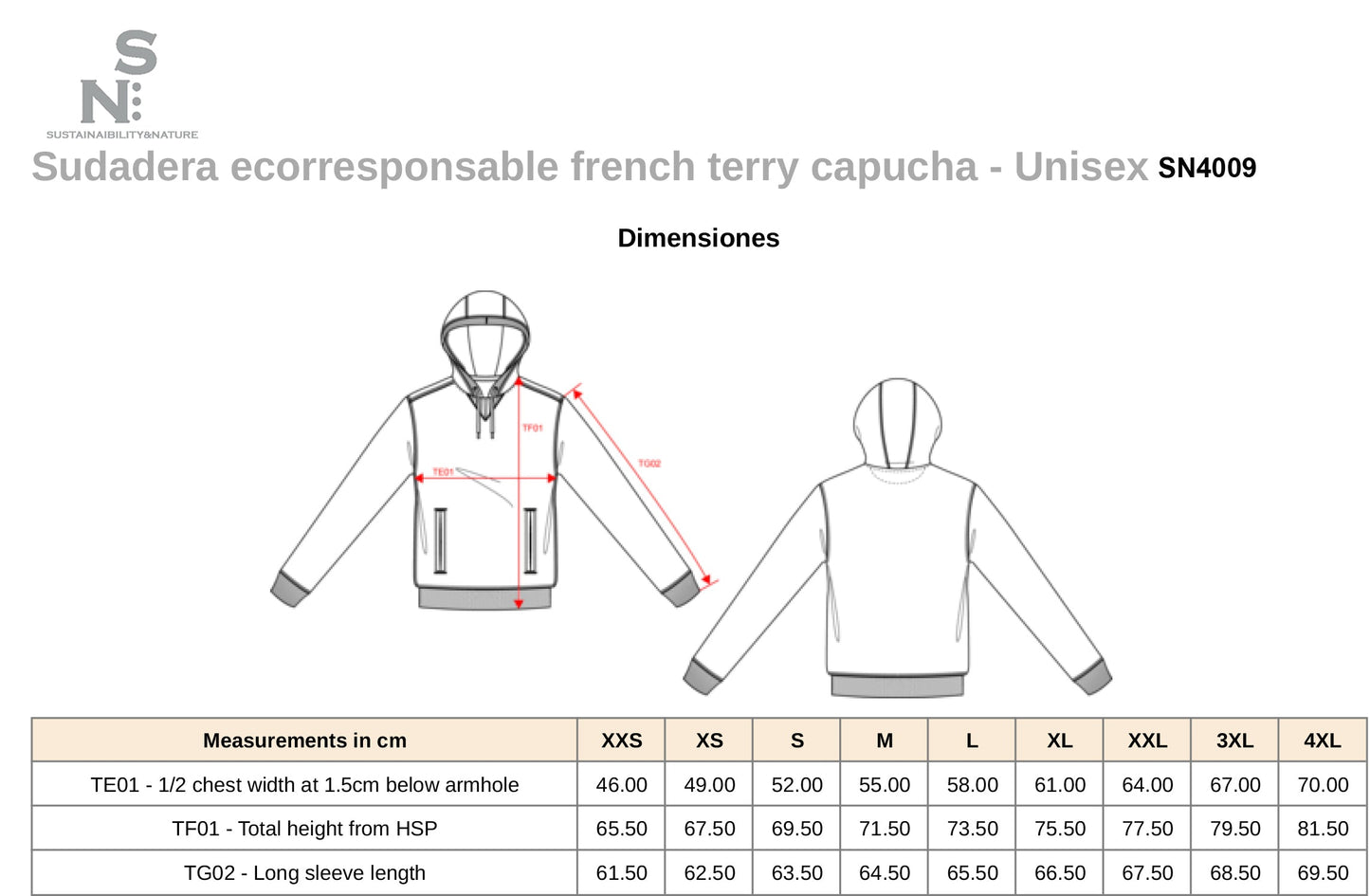 SN4009  SUDADERA ECORRESPONSABLE FRENCH TERRY - CAPUCHA - UNISEX