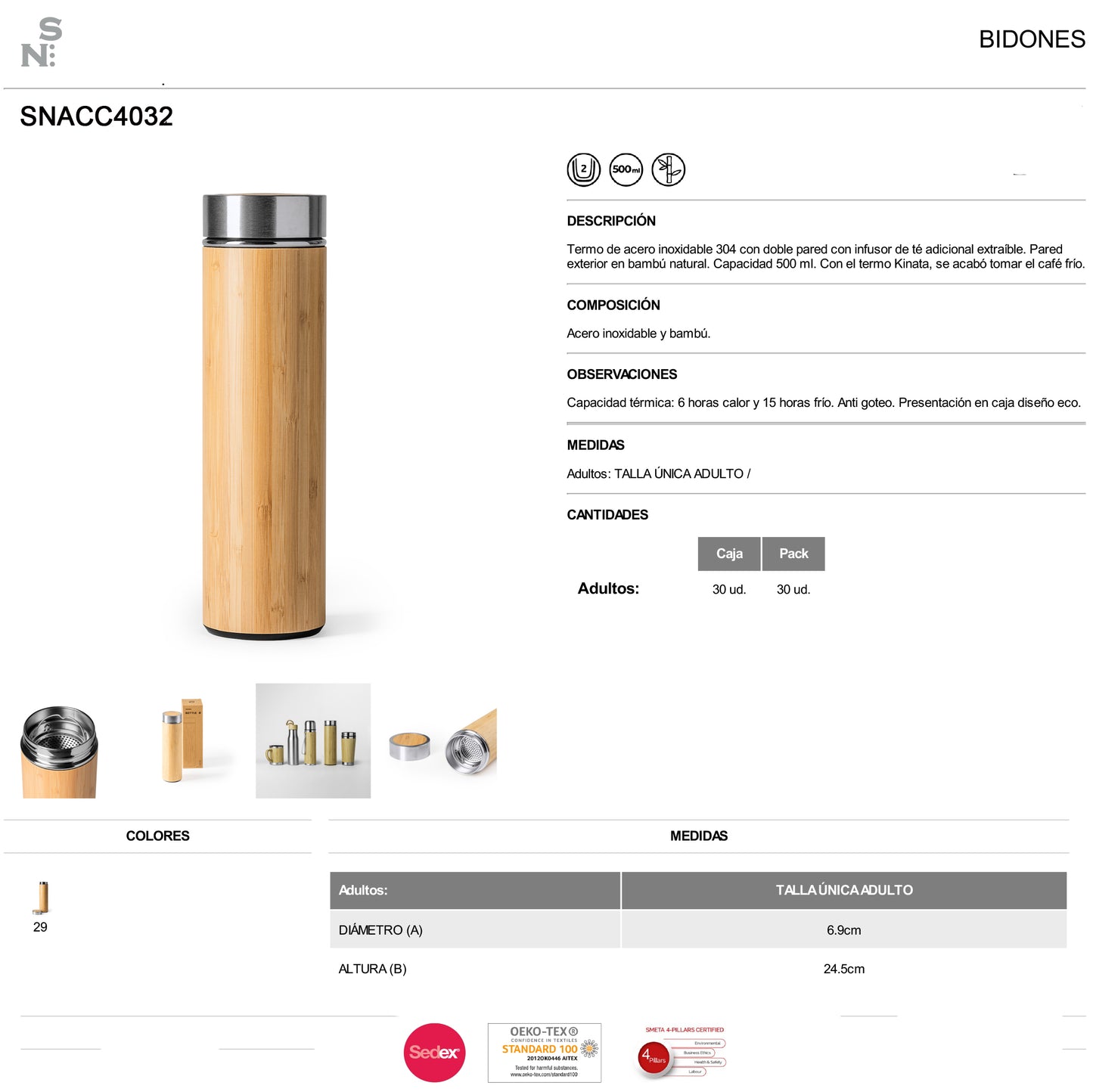 SNACC4032-TERMO DE ACERO INOXIDABLE 304 Y BAMBÚ
