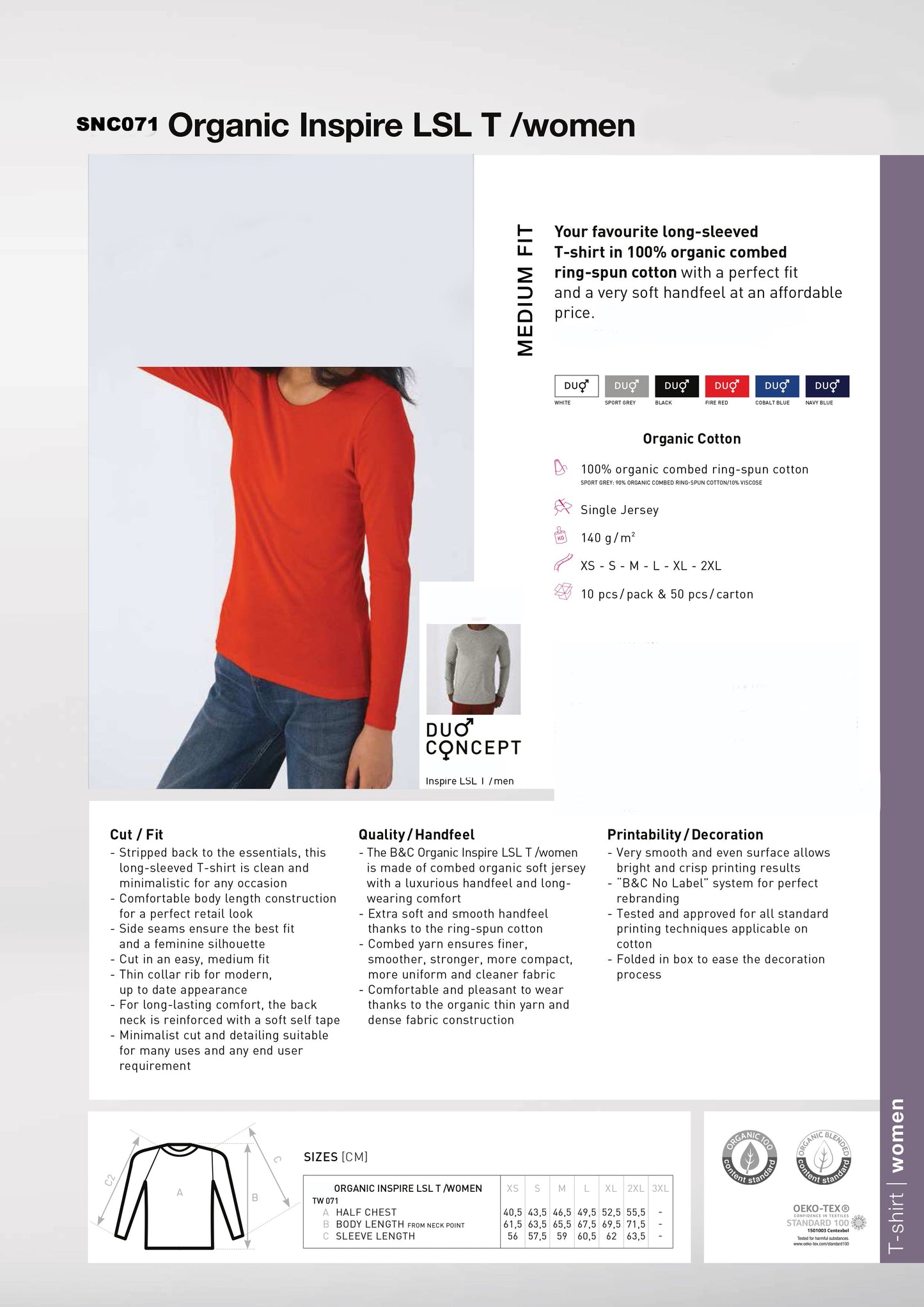 SNC071 T-SHIRT BIOLOGICA INSPIRE MANICA LUNGA.DONNA