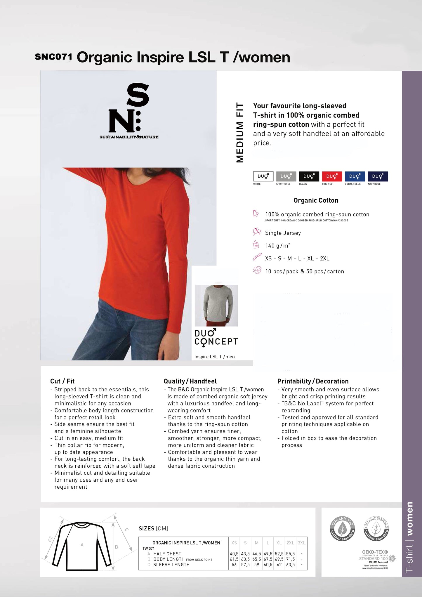 SNC071 T-SHIRT BIOLOGICA INSPIRE MANICA LUNGA.DONNA