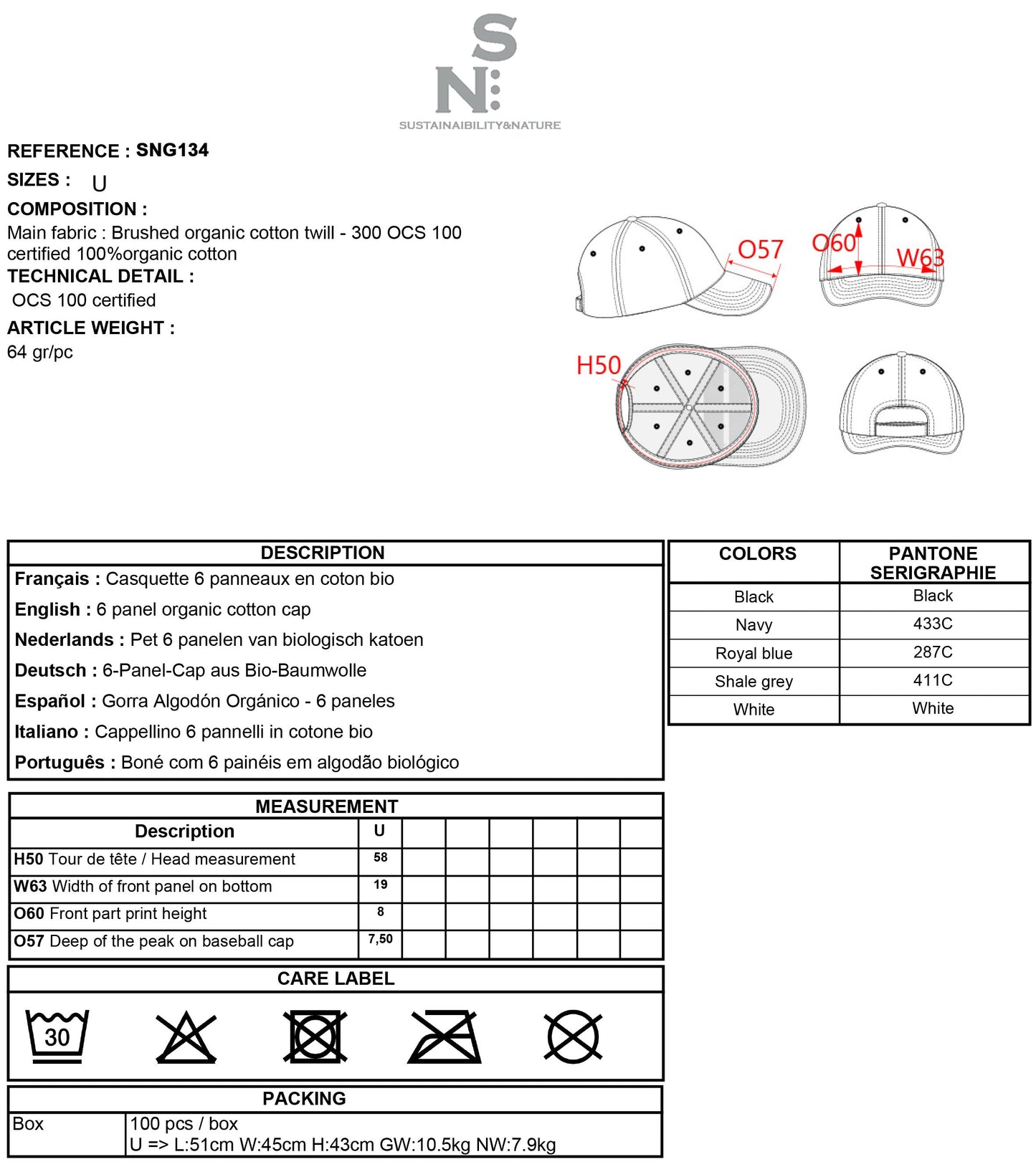 SNG134 CAPPELLINO COTONE BIOLOGICO-6 PANNELLI