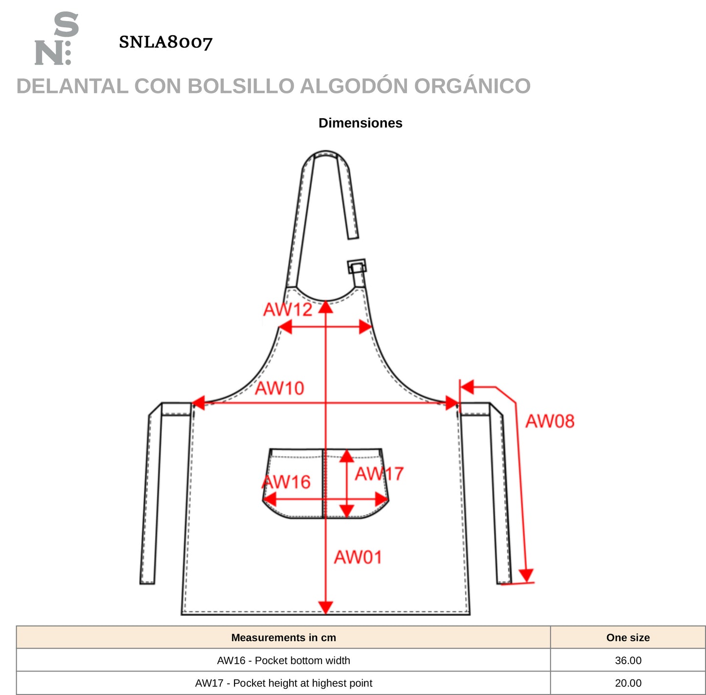 SNLA8007 - DELANTAL CON BOLSILLO ALGODÓN ORGÁNICO