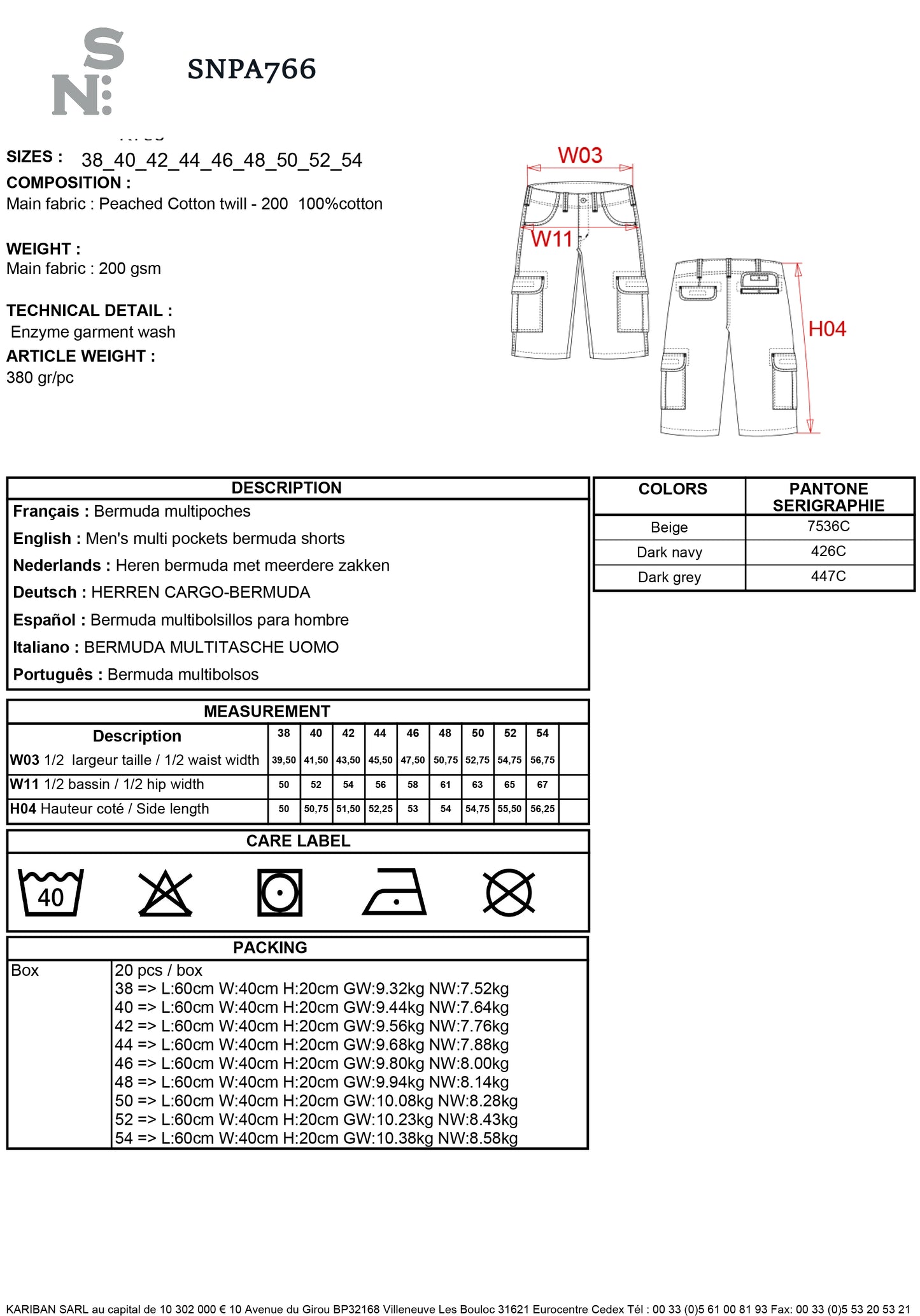 SNPA766- SHORT MULTI-POCHES